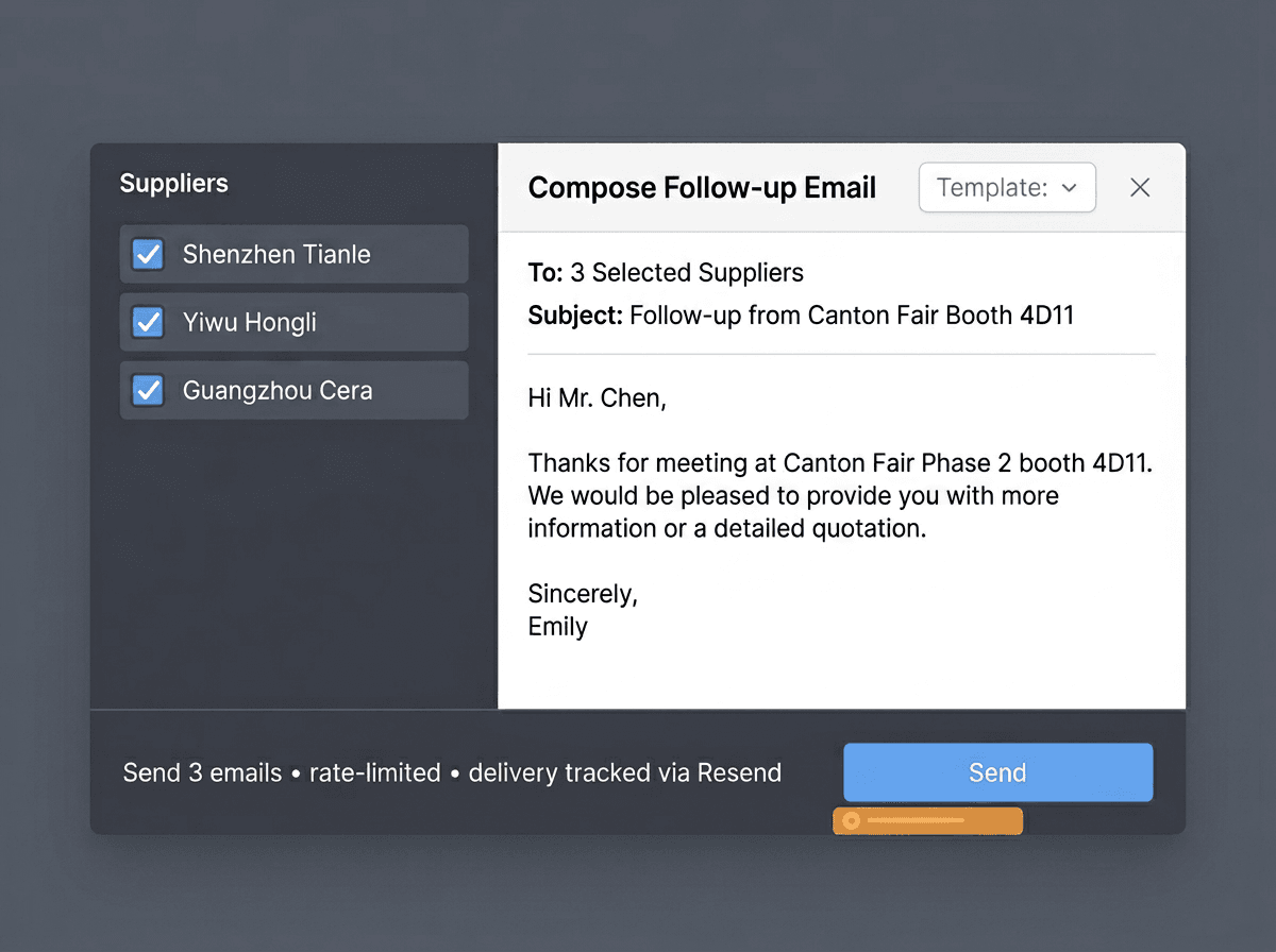 Follow-up email composer with AI-drafted message ready to open in the user’s email client.